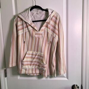 Roxy Striped Hooded Pullover Poncho Beach Cover Up White Pink Yellow S P CH